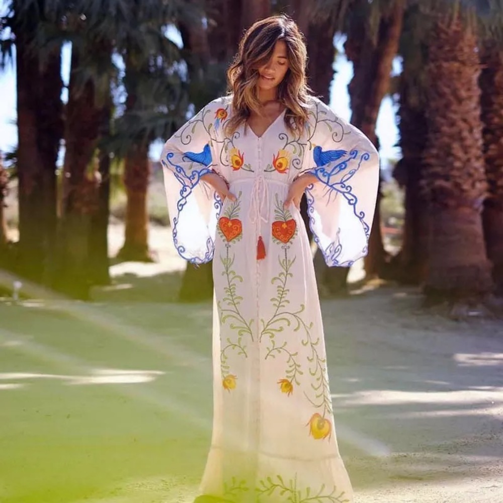 New White Boho Embroidered Hearts Magic Kimono Long Maxi Gown 5 Star⭐️ Favorite - Picture 7 of 16